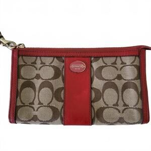 Vintage Coach Women's Wristlet Small Brown Red Signature Canvas Leather Clutch